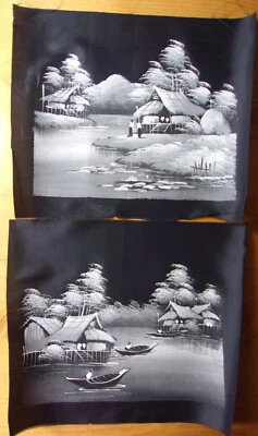 Paneles de tela de seda pintados a mano en blanco y negro - Juego de 2 paisajes sin marco Foto 1 de 4