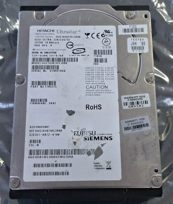 Hitachi (HUS103014FL3800) 147GB 10K SCSI Hard Drive U320 3.5" Hot Swap - Image 1 of 1