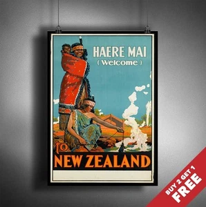 DIN A3 - A4* WILLKOMMEN IN NEUSEELAND HAERE MAI POSTER Vintage Reise Wandbild - Bild 1 von 3