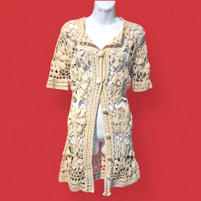BETSEY JOHNSON beige cotton crochet midi long cardigan floral sweater duster 1D - Image 1 of 4