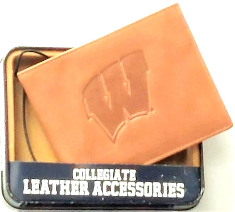 Wisconsin Badgers Embossed Leather Bi-Fold Wallet Tan New Rico Industries Cover