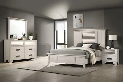 Cream White Finish 4pc Master Bedroom Queen Size Bed Set Solid Wood Furniture - Image 1 of 4