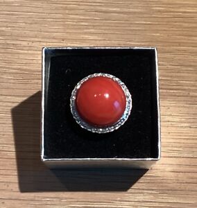 14K White Gold Orange Coral Cabochon Cocktail Ring Diamond Accents Ring Size 8.5