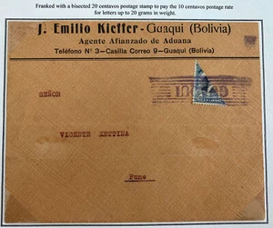 1910 Guaqui Bolivia Commercial Judaica Cover To Puno Peru Bisect Stamp - Picture 1 of 3