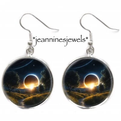 Pendientes Eclipse Solar Total Fotografía Celestial Arte Impresión Plata Dije Cuelga Foto 1 de 4
