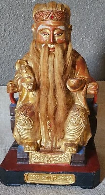 Antiguo templo chino del siglo XIX dios de la riqueza tallado dorado estatua de Buda Foto 1 de 4