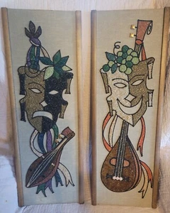 Pair MCM Mosaic Pebble Gravel Art Theater Mask Picture Signed John Jinnett - Picture 1 of 17