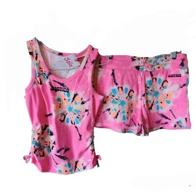 Justice Girls Short Set-5/6-Pink-Tie Dye-Cinched Sides-Hawaiian  - Image 1 of 4
