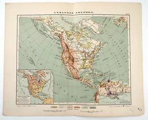 Mapa litografía antigua imperial rusa de la década de 1910 de América del Norte Estados Unidos - Imagen 1 de 3