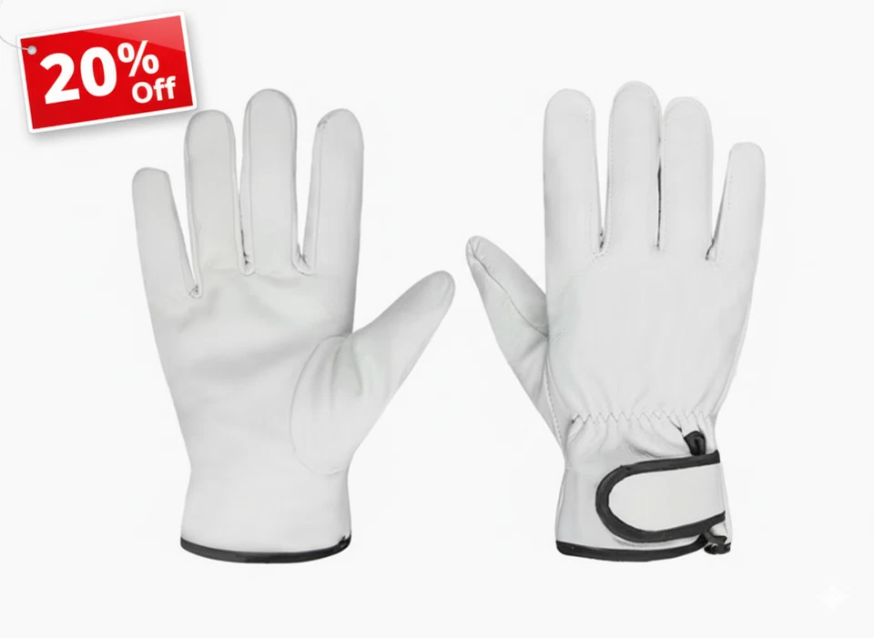 BOVINE ATTIRE 6 Pairs White Goat Skins Safety Driver Leather Gloves