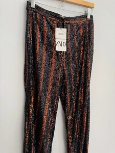 NEW Zara The Abbey Flared Pant In Black & Orange Striped Sequined Trousers Sz S - Picture 1 of 10