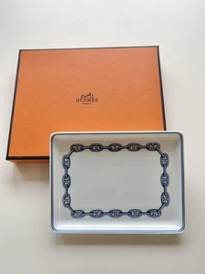 HERMES CHAINE D'ANCRE PARIS BLUE Porcelain Change Tray Plate 16x12 cm - Picture 1 of 8