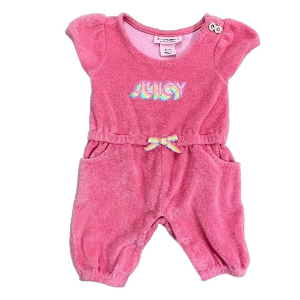 Розовый махровый комбинезон для девочки Juicy Couture с бантом и оборками размер 3 М - Изображение 1 из 4