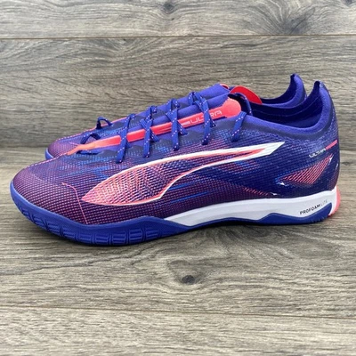 彪马 Ultra 5 Pro Court 室内足球鞋男式 9.5 码紫色粉色白色 — 第 1/4 张图片