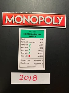 Monopoly 2018 NORTH CAROLINA AVENUE Title Deed Card Replacement Card HASBRO - Picture 1 of 4