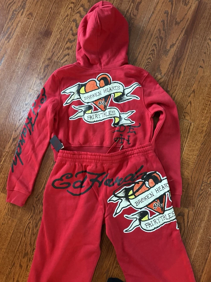 NUEVO CON ETIQUETAS ED HARDY Conjunto de Pantalones con Capucha Mujer XL Rojo Y2K Recorto Corazón Roto Cuento de Hadas Foto 1 de 4