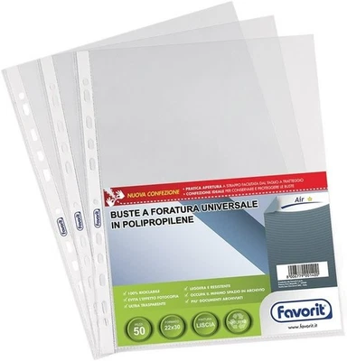 50 BUSTE A FORATURA FORMATO A4 22X30 CM TRASPARENTE POLIPROPILENE FAVORIT - Immagine 1 di 3