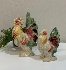 Vtg Ceramic French Country Pastel Distressed Glazed Rooster Chicken Figurines - Picture 1 of 6
