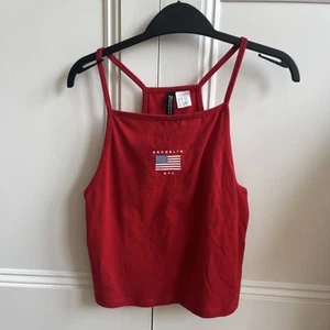 H&M Divided red US flag Brooklyn motif Strappy Cropped Top Size Small - Picture 1 of 5