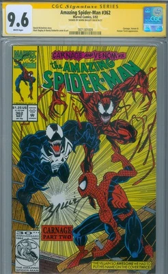 ¡INCREÍBLE HOMBRE ARAÑA #362 (1992) CGC 9.6 "FIRMADO por BAGLEY"!!! ¡CARNICERÍA/VENENO!!! Foto 1 de 2