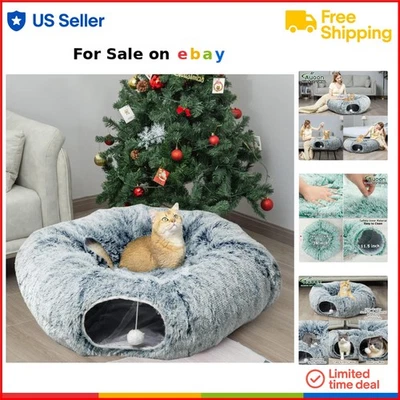 Cat Tunnel Bed Plush Gray 36in Indoor Cat Play Tunnel with Hanging Ball - Image 1 of 4