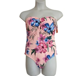 Kona Sol Peach Multicolor Tropical Floral One-Piece Bathing Suit NWT - Large - Picture 1 of 8