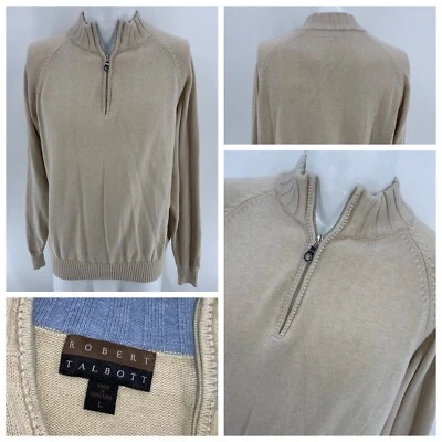 Robert Talbott ¼ Zip Sweater L Men Beige Tan Cotton Hong Kong Mint YGI Q4-200 - Image 1 of 4
