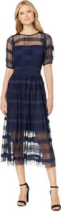 ECI 167687 Womens Pleated Striped A-Line Dress Short Sleeves Navy Size 2 - Picture 1 of 3
