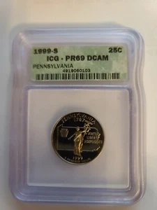 1999-S Proof State Quarter PENNSYLVANIA, ICG Graded PR69 DCAM in Slab - 25C - Picture 1 of 4
