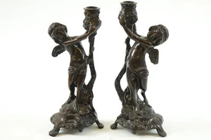 Pair of Antique European Bronze Candle Holders - Picture 1 of 3