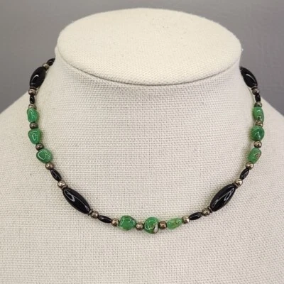 Chalcedony Beaded Necklace Natural Polished Green Stone Black Oval Glass 15.25" - Image 1 of 4
