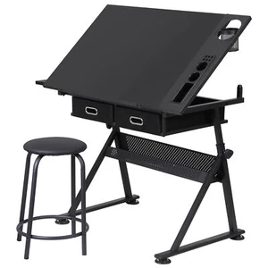 Drafting Desk Drawing Table 9 Levels Adjustable angle w/ Stool Arts Crafts Black - Picture 1 of 22