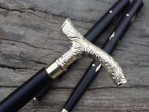 Bastone da passeggio vintage di design manico in ottone stile vittoriano canna legno antico - Foto 1 di 9