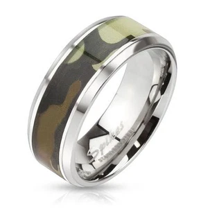 Camouflage Inlay Stainless Steel Beveled Edge Band Ring - Picture 1 of 1