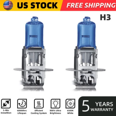 H3 Halogen Headlight Super Bright Bulbs Kit White 6000K Fog/High/Low Beam 2PCS - Image 1 of 4