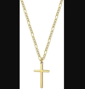 14K Gold Filled Cross Necklace for Men Figaro Chain Stainless Steel Plain Polish - Picture 1 of 5