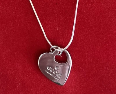 Authentic Gucci Heart Zipper Pull Logo Tag Necklace Sterling Silver Chain - Image 1 of 4
