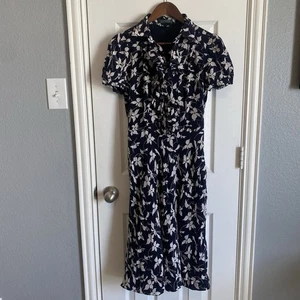 Vestido Polo Ralph Lauren Midi Floral Volantes Forrado Azul Marino Para Mujer Talla 8 - Imagen 1 de 3