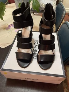 Nine West Ladies Gladiator Style Black Leather Heels EUC Sz 39 - Picture 1 of 6
