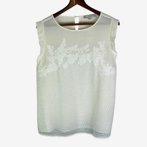 LOFT Floral Embroidered Lace Appliqué Chiffon Blouse Shell Size L Lined Ivory - Picture 1 of 10