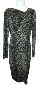 David Meister Dress Green Leopard Cheetah Jersey Stretch Long Sleeve Size 12 - Picture 1 of 10