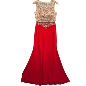 Dancing Queen Red Sequin Beaded 2 Piece Crop Halter Skirt Formal Prom Dress M - Picture 1 of 12