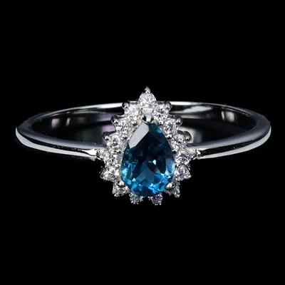 Anillo de plata de ley 925 pera topacio azul Londres 6x4 mm piedras preciosas joyería tamaño 8,5 Foto 1 de 4