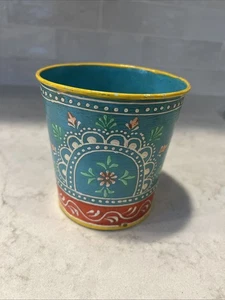 VTG HANDPAINTED TOLE BLUE/YELLOW SCANDINAVIAN STYLE METAL PLANTER - Picture 1 of 6