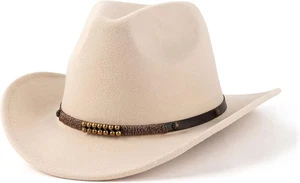 Western Cowboy Hats for Women Men Felt Wide Brim Medium, Bead Band-cream - Picture 1 of 3