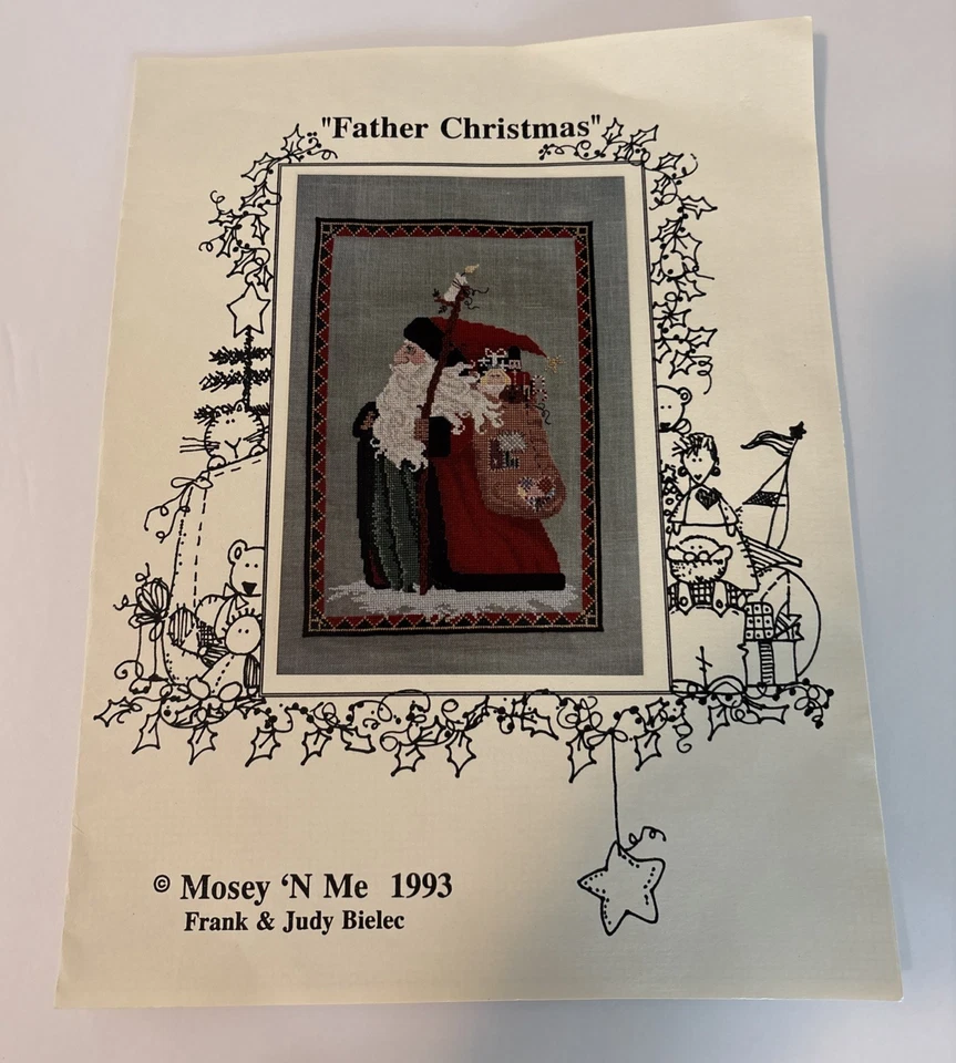 Vintage Father Christmas Cross Stitch Chart From Mosey ‘N Me W/ Fabric Retired - Image 1 of 4