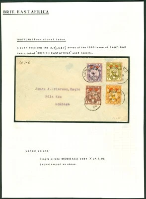 Sellos de 1897 de Zanzíbar sobreimpresos 'África Oriental Británica' en portada local... Foto 1 de 2
