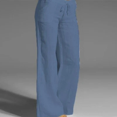Lady High Waist Drawstring Wide Leg Linen Blend Pants Long Trousers Pocket Solid - Image 1 of 4