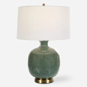 Fat Round Crackled Ceramic Aged Green Table Lamp 26 in Bronze Mottled Elegant - Picture 1 of 7
