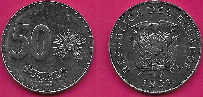ECUADOR 50 SUCRES 1991 UNC LA TOLITA CULTURE,FLAG DRAPED ARMS,DATE BELOW,DENOMIN - Image 1 of 1